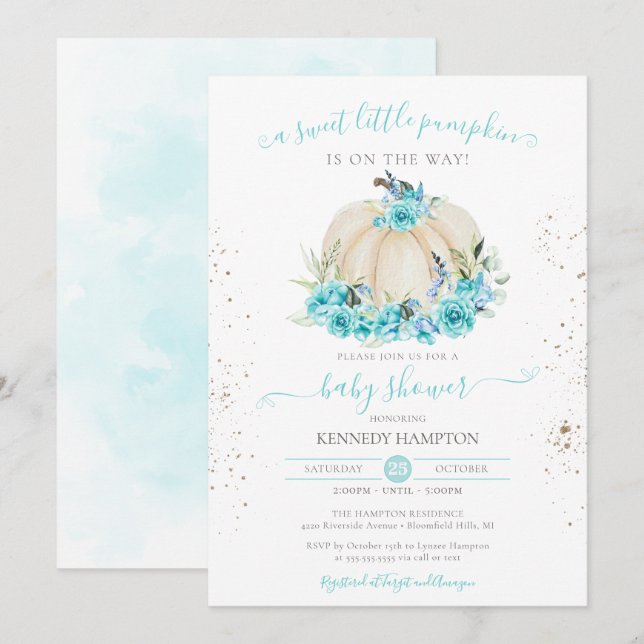 Invitation Baby shower bleu doux Petit Citrouille Turquoise (Devant / Derrière)
