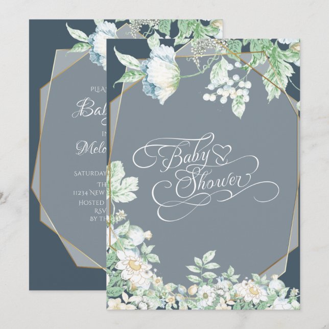Invitation Baby shower | Bleu Dusty Berries Fleurs sauvages (Devant / Derrière)