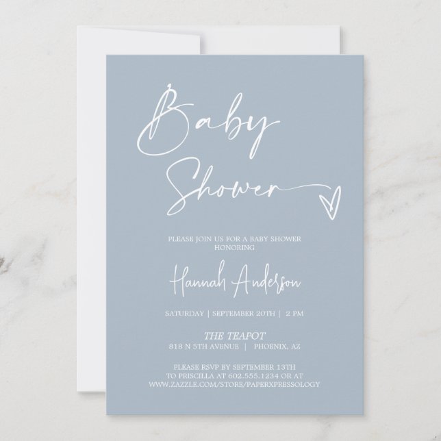 Invitation Baby shower bleu Dusty simple moderne QR Code Phot (Devant)