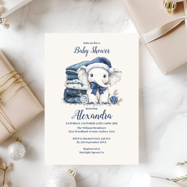 Invitation Baby shower bleu éléphant de Noël (Créateur téléchargé)