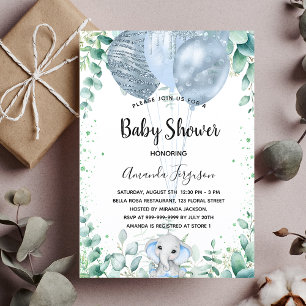Invitation Baby shower bleu éléphant eucalyptus garçon