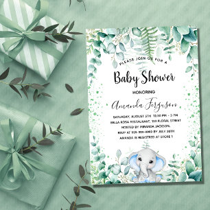 Invitation Baby shower bleu éléphant garçon eucalyptus vert