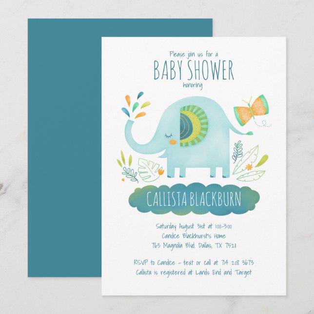 Invitation Baby shower bleu Eléphant mignon (Devant / Derrière)