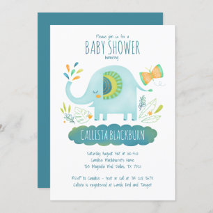 Invitation Baby shower bleu Eléphant mignon