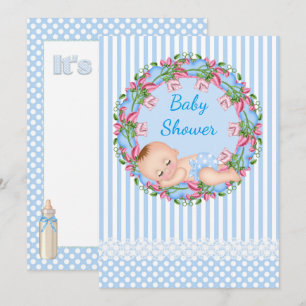 Invitation Baby shower Bleu en bande avec couchage