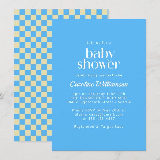 Invitation Baby shower bleu en damier esthétique rétro (Devant / Derrière)