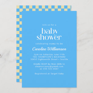 Invitation Baby shower bleu en damier esthétique rétro