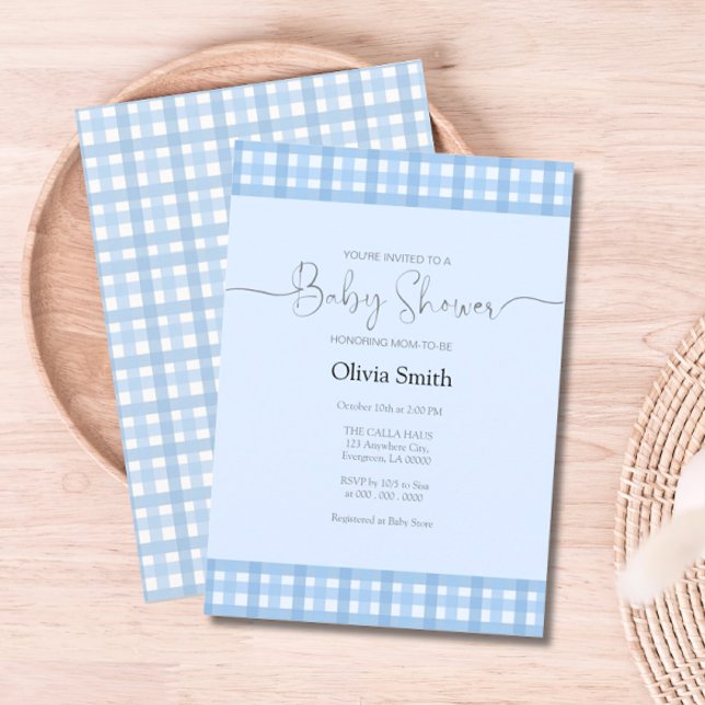 Invitation Baby shower bleu En vichy (Blue Gingham Plaid Baby Shower Invitation)