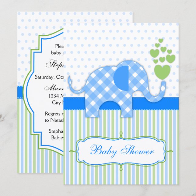 Invitation Baby shower bleu En vichy éléphant (Devant / Derrière)