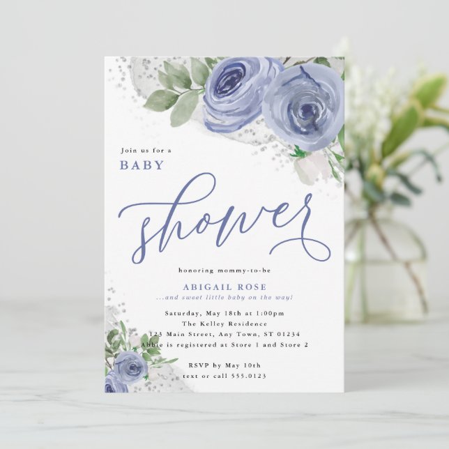 Invitation Baby shower, bleu et argent Fleurs aquarelles (Debout devant)