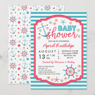 Invitation Baby shower bleu et framboise rouge nautique