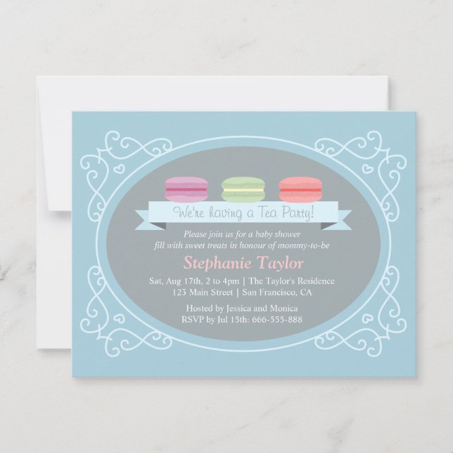 Invitation Baby shower, bleu et gris de thé de Macaron (Devant)