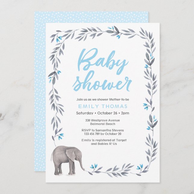 Invitation Baby shower bleu et gris éléphant (Devant / Derrière)