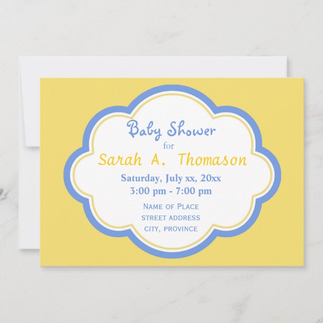 Invitation Baby shower bleu et jaune amusant et heureux (Devant)