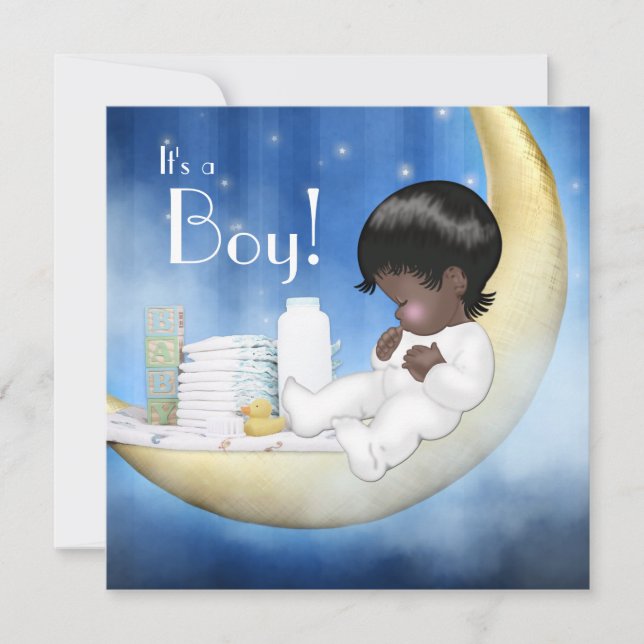 Invitation Baby shower bleu et jaune de la lune (Devant)
