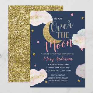 Invitation Baby shower bleu et or de la Lune Navy
