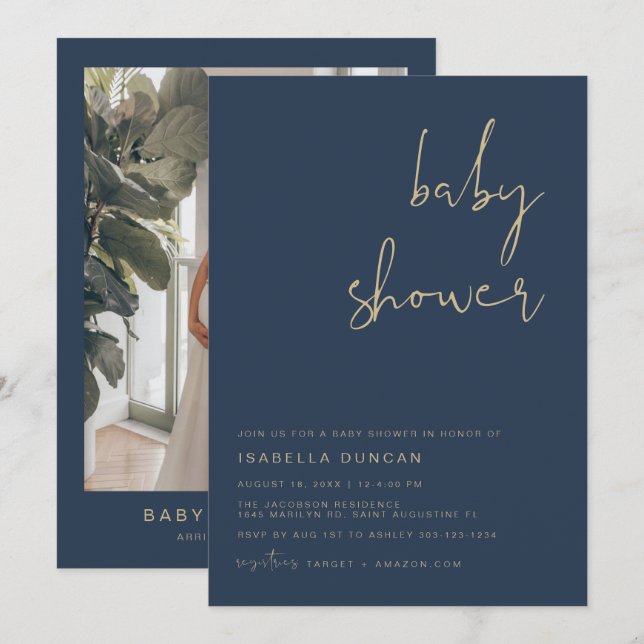 Invitation Baby shower bleu et or de la marine CAI (Devant / Derrière)