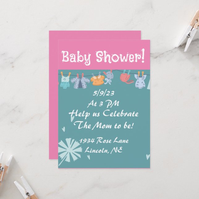 Invitation baby shower bleu et rose (Devant/Arrière en situation)