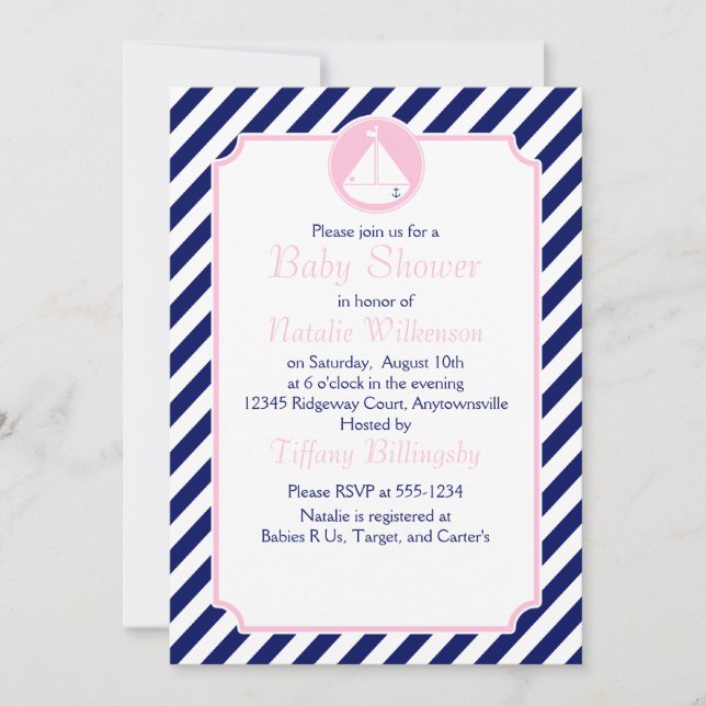 Invitation Baby shower bleu et rose de voilier (Devant)