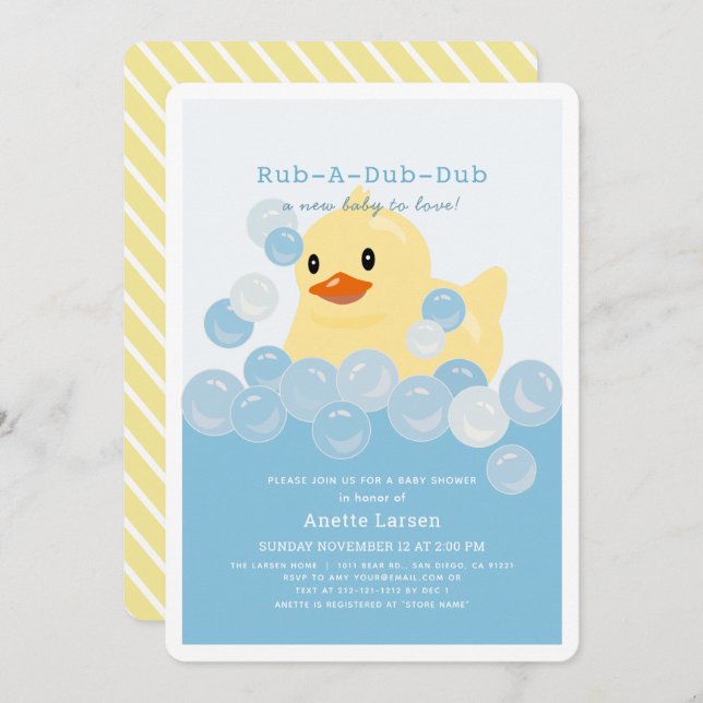 Invitation Baby shower bleu garçon en caoutchouc Ducky (Devant / Derrière)