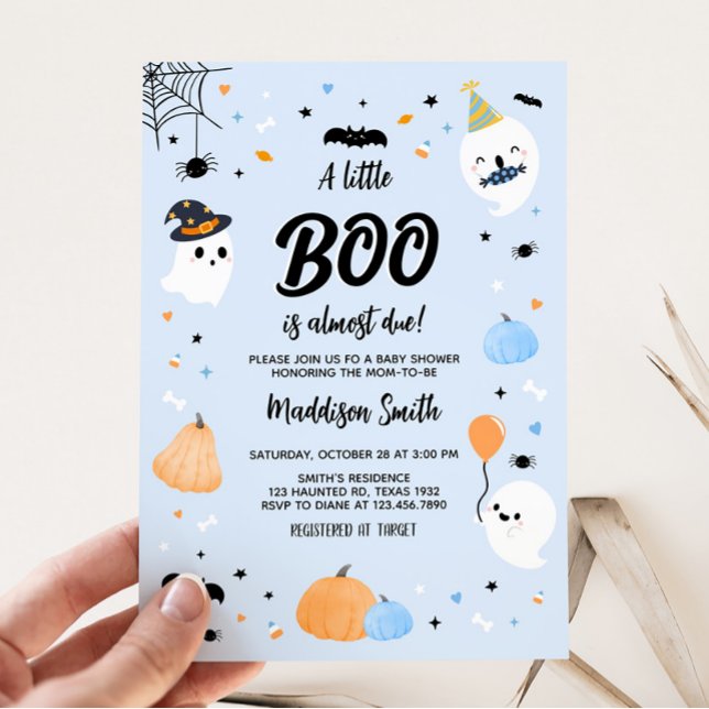 Invitation Baby shower Bleu Halloween Little Boo (Halloween Boy Ghost Baby Shower Invitation)