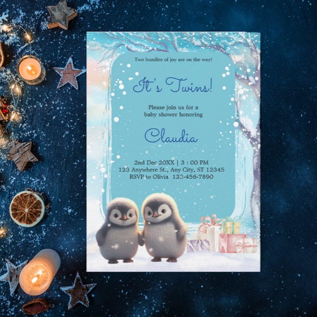 Invitation Baby shower Bleu Hiver Jumeaux Pingouins (Créateur téléchargé)