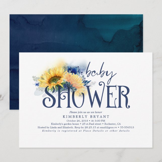Invitation Baby shower bleu marine élégant des tournesols jau (Devant / Derrière)