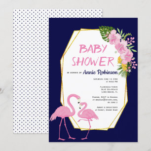 Invitation Baby shower bleu marine en polygone or rose flaman