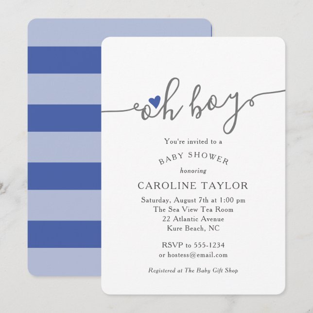 Invitation Baby shower bleu marine simple Oh Boy (Devant / Derrière)