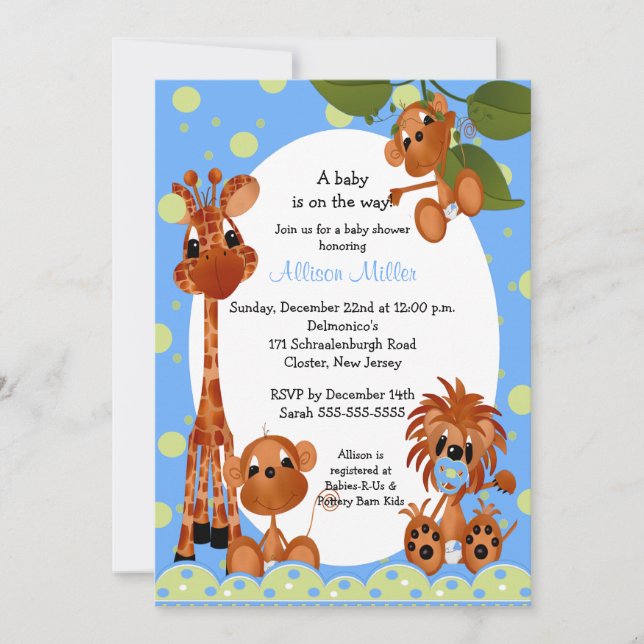 Invitation Baby shower bleu mignon de singe et de garçon de (Devant)