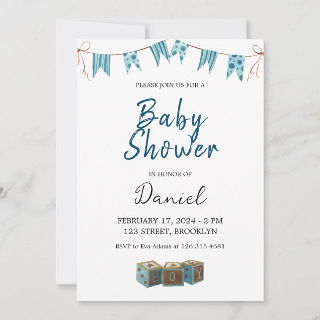 Invitation Baby shower bleu mou (Devant)