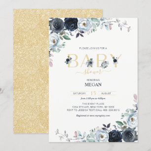 Invitation Baby Shower Bleu Nuit et Or Bohème Floral