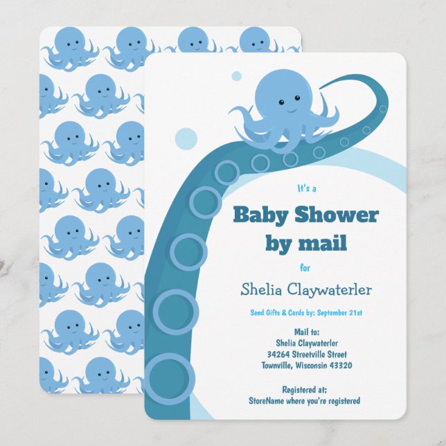 Invitation Baby shower bleu octopus blanc par courrier (Devant / Derrière)