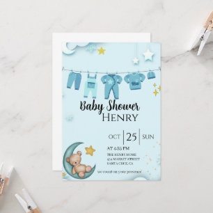 Invitation baby shower bleu ours en peluche