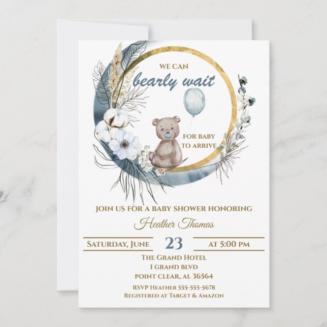 Invitation Baby shower Bleu Ours Teddy (Devant)
