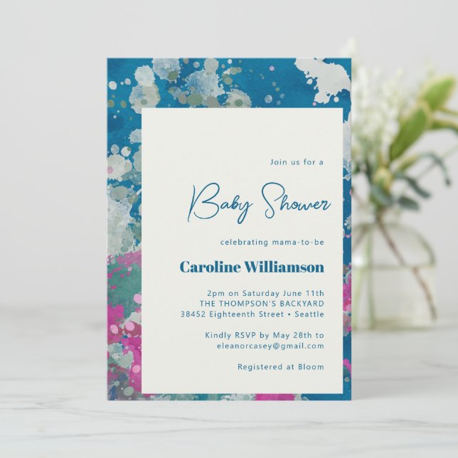Invitation Baby shower bleu Paint Art Abstrait moderne unique (Debout devant)