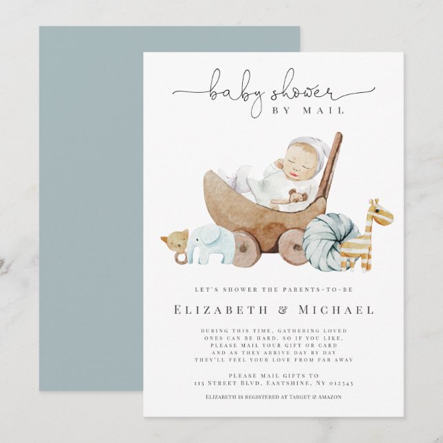 Invitation  Baby shower Bleu Par Mail Boho Distance Sociale (Devant / Derrière)
