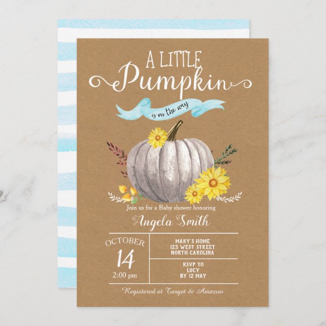 Invitation Baby shower bleu Petit Citrouille Automne Invitati (Devant / Derrière)