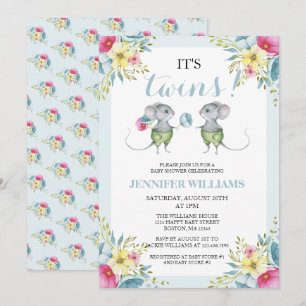 Invitation Baby shower Bleu pour garçon et garçon jumeaux neu