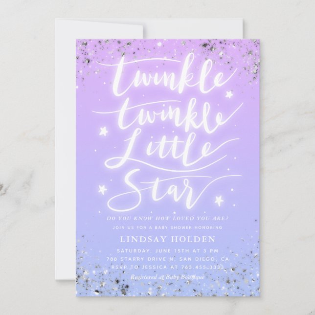 Invitation Baby shower bleu pourpre Twinkle Little Star (Devant)