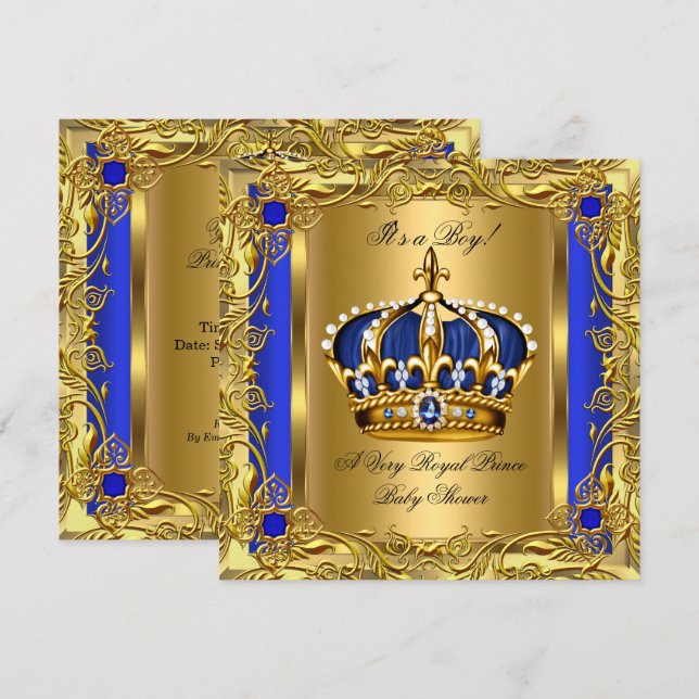 Invitation Baby shower bleu Prince Royal Boy Regal Gold 2 (Devant / Derrière)