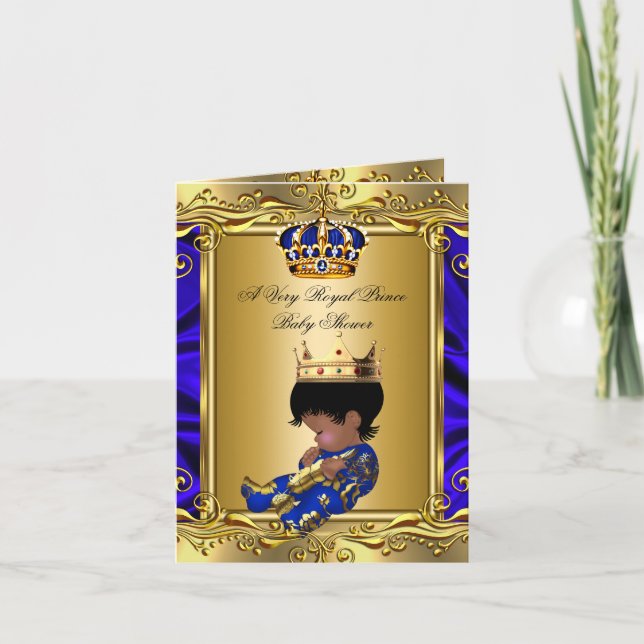 Invitation Baby shower Bleu Prince Royal Regal Gold plié (Devant)