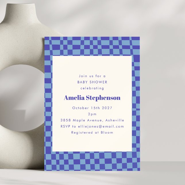 Invitation Baby shower bleu rétro À damiers Abstrait (Créateur téléchargé)