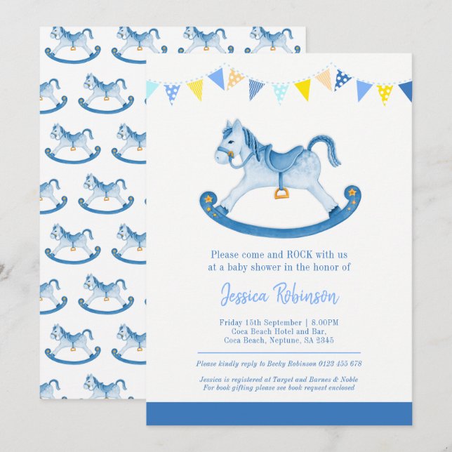 Invitation Baby shower bleu rocking (Devant / Derrière)