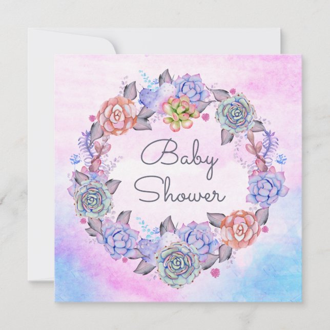 Invitation Baby shower bleu rose de guirlande de Succulents (Devant)
