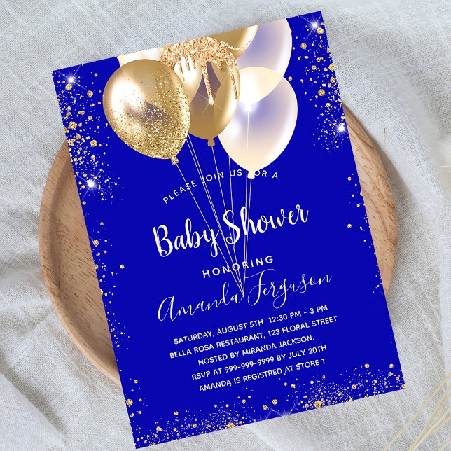 Invitation Baby shower bleu royal ballon d'or scintille (Créateur téléchargé)