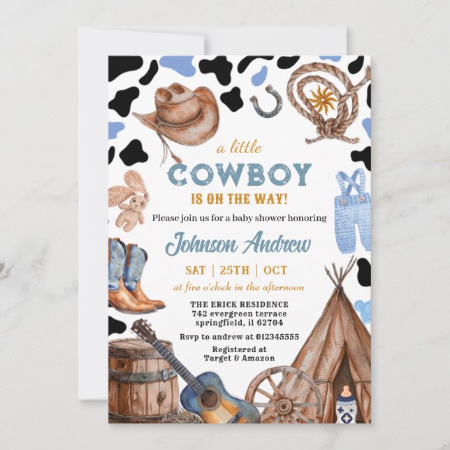 Invitation Baby shower bleu rustique CowBoy (Devant)