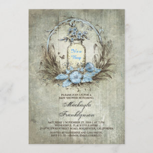 Invitation baby shower bleu rustique vintage en bocal de maso