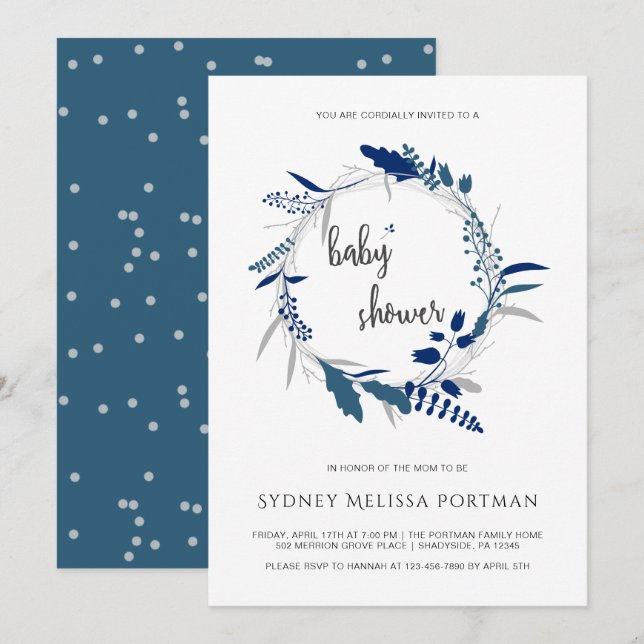 Invitation Baby shower Bleu Rustique Wreath Botanique (Devant / Derrière)