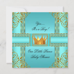 Invitation Baby Shower Bleu Sarcelle Or Couronne Prince Garço